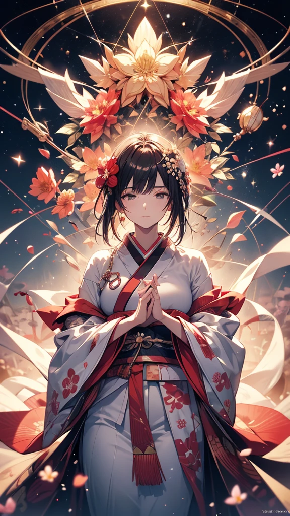 Ultra-delicate, Clear focus, (high resolution), Deformed depth of field blurred background, Detailed background, Perfect layer cutting, Atmospheric distance sense, artistic, (full-body shot/Cowboy shooting/Top view/Top view), 8K, wallpaper, Micro light, complicated, familiar, black magician, particle, constellation, Stardust, universe, ((flower)), comfortable peace, peaceful, Japan, Himiko, kimono, With crystal, Fortune Telling, time and space,