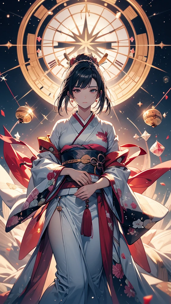  Ultra-delicate, Clear focus, (high resolution), Deformed depth of field blurred background, Detailed background, Perfect layer cutting, Atmospheric distance sense, artistic, (full-body shot/Cowboy shooting/Top view/Top view), 8K, wallpaper, Micro light, complicated, familiar, black magician, particle, constellation, Stardust, universe, ((flower)), comfortable peace, peaceful, Japan, Himiko, kimono, With crystal, Fortune Telling, time and space,