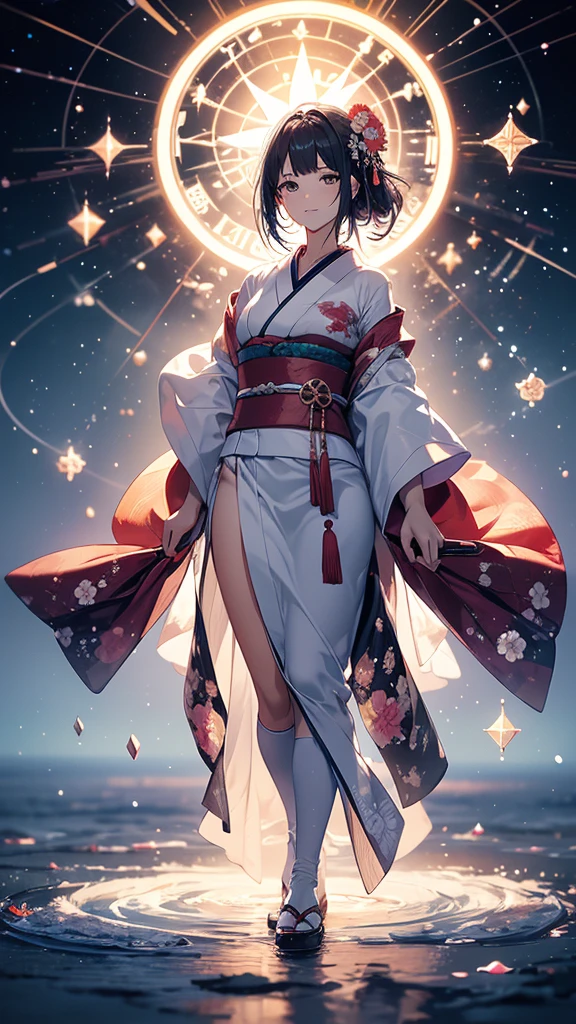 Ultra-delicate, Clear focus, (high resolution), Deformed depth of field blurred background, Detailed background, Perfect layer cutting, Atmospheric distance sense, artistic, (full-body shot/Cowboy shooting/Top view/Top view), 8K, wallpaper, Micro light, complicated, familiar, black magician, particle, constellation, Stardust, universe, ((flower)), comfortable peace, peaceful, Japan, Himiko, kimono, With crystal, Fortune Telling, time and space,