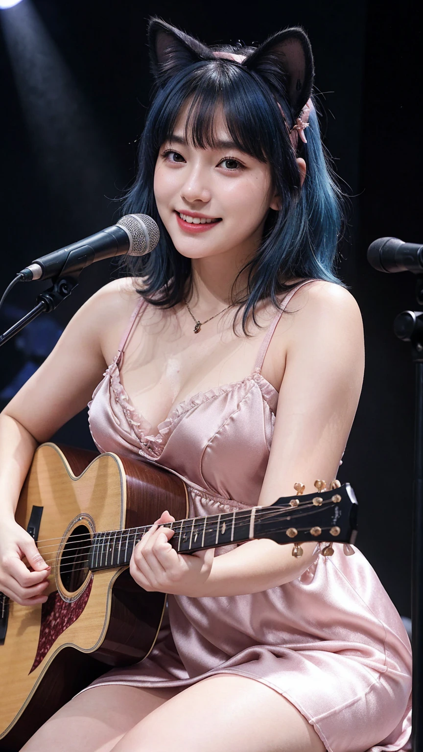 ((best quality)), photorealistic, photorealism, Photorealistic, high resolution, ((Wearing pink satin dress, cat ear headband))、smile、A superb beauty、Super cute、ennui、Rare beauty、Very Short hair、Black Dark Eyeshadow、Sad、white skin、pale skin, Very short hair layered、Dark Gothic Makeup、Cute Smile、Fragrant beauty、Garden background、Mastepiece、Best Quality、Refers to 5 books、Sweat glistening on my chest、Sweat glistening on my face、Medium breasts、Blue hair、Age 20 years old、Mysterious look、A sad expression、Blue Hair、Glamorous concert stage、enchanting castle、Sweating profusely all over the body、A lot of sweat and light on the thighs、Shiny thighs、Plenty of sweat glistening on the thighs、A large amount of sweat glistens on my thighs、Sweating profusely、Gal、Medium breasts、Beautiful face、Alluring expression、Sitting、Sitting playing guitar、Thick thighs、Playing guitar、I have a guitar、Sing a song enthusiastically、Playing guitar in a band、Rock band、Playing guitar chords、Live House Background、Sing a song、Open your mouth、Live house scenery、Mic stand、Glamorous live stage、Dynamic Angle、Cinematic lighting