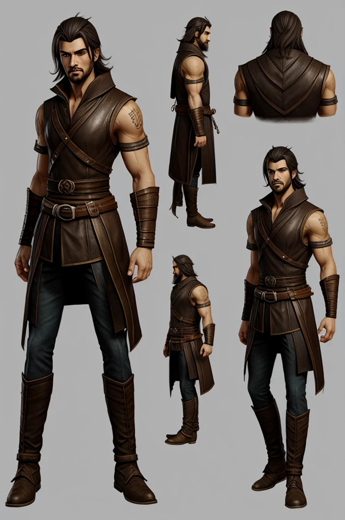 punctuation_9, punctuation_8_High above, punctuation_7_High above, tall muscular man, with piercing eyes and battle scars. short dark hair, Analytical Expression. Intense green or amber eyes. Wears clothes made of fur and leather, with an animal cloak in earthy tones. An amulet, talismans and can have a mask or bracelets. neutral background, firm and fearless stance, imposing and practical appearance., reference sheet, (whole body, from sideways, 正面:1.1), High aboveper body, animated cartoon, Design by PersonagensXL ,high fantasy RPG style, League of Legends-inspired art style, dynamic poses, detailed facial features, cinematic lighting, dramatic atmosphere, gritty realism, masterpiece, best quality, ultra-detailed, Valuing