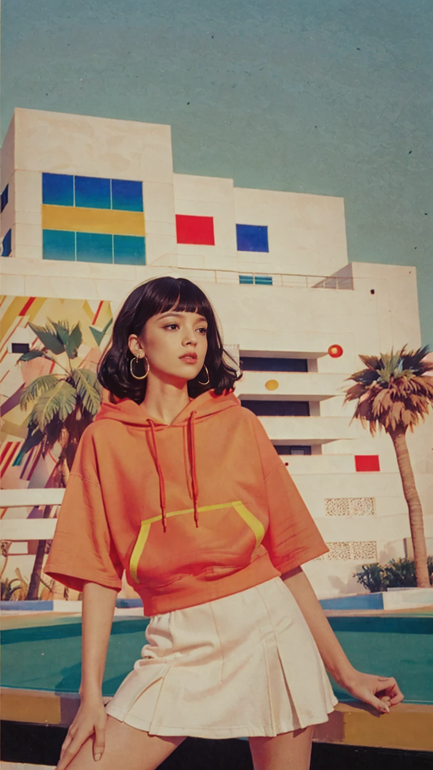 1 girl, beautiful, black bob hair, almond eye, no makeup, (blank green neon oversized_untucked hoodie), peach tennis skirt,elegant pose in front of ((80's mondrian architecture colorful motel)),(from below:1.2), (realistic:1.1), (surreal:1.2), (very detailed:1.1), ((masterpiece)),summer, blue sky, palm trees,sunny, los angles vibes