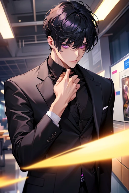 Masterpiece, highres, finely details, male, short hair, black hair, with bangs, purple eyes, black clothes. (CEO).