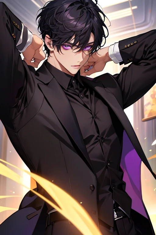 Masterpiece, highres, finely details, male, short hair, black hair, with bangs, purple eyes, black clothes. (CEO).