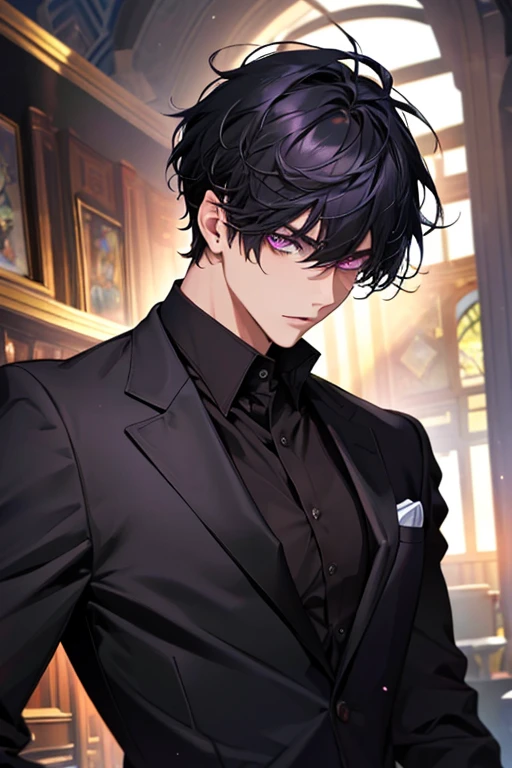 Masterpiece, highres, finely details, male, short hair, black hair, with bangs, purple eyes, black clothes. (CEO).
