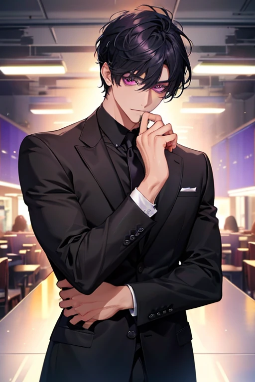 Masterpiece, highres, finely details, male, short hair, black hair, with bangs, purple eyes, black clothes. (CEO).