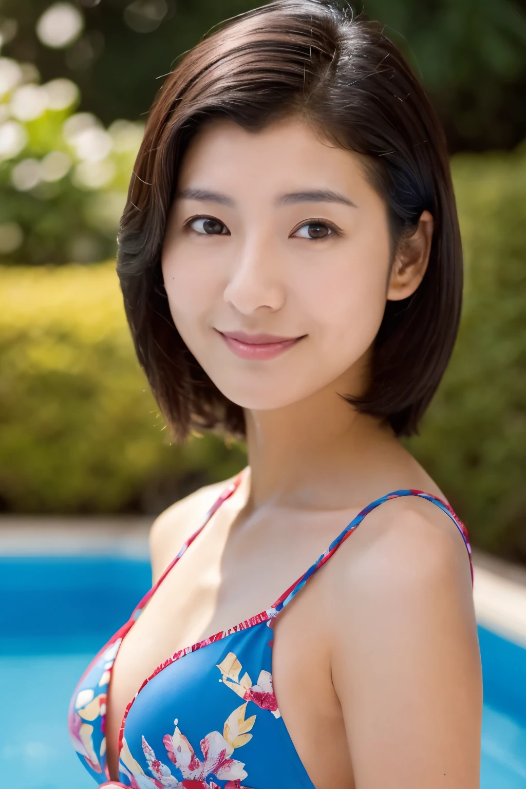 Skinny Japanese woman, age {30s|20s}, (detailed face), slight smile, (detailed eyes), {long|short} hair, slender shape, {red|blue} bikini, standing by a poolside, Enhance quality, quality maintains, real professional photograph, award-winning portrait, masterpiece, 16K UHD, high detail full-body view