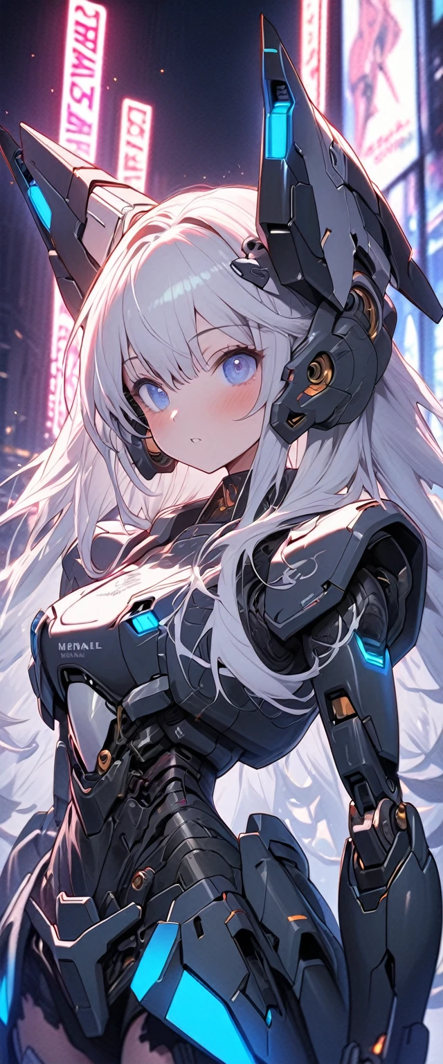 (((masterpiece))), 1girl, solo, white hair, long hair, Blue eyes, science fiction, ((Solo)), (mecha musume:1.5), (giant girl), mechanical parts, headgear, ((mechanical Black Armor)), (((neon light Blue))), Anime style
