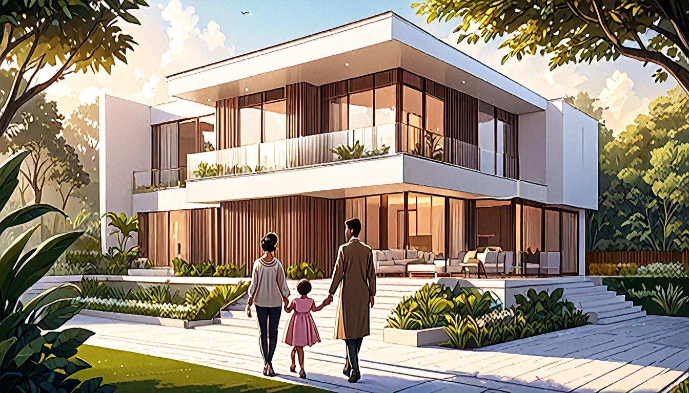 A beautiful illustration featuring a small children holding his mother's hand, proudly showing her their luxurious, modern home. The home is elegant and sophisticated, seamlessly blending with the surrounding lush greenery. The scene exudes a warm, aesthetic vibe, with soft, inviting colors and gentle lines, capturing the love and pride in the young man's eyes as he presents their stunning residence to his mother. The mother is clearly older, with a kind and gentle appearance. the house features sleek architecture, large windows, and stylish design elements, ensuring a contemporary and luxurious feel. The overall atmosphere is serene and enchanting, evoking a sense of beauty, tranquility, and modern opulence.