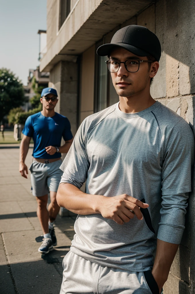 Photography of handsome man, wear hat and glasses, and light sport clothes