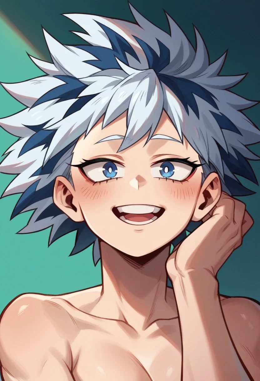 Screenshot of My Hero Academia, a girl with short ice-white hair with a dark blue streak, with sapphire blue eyes and purple spots with a tender and happy look wearing the boku no hero academia style UA