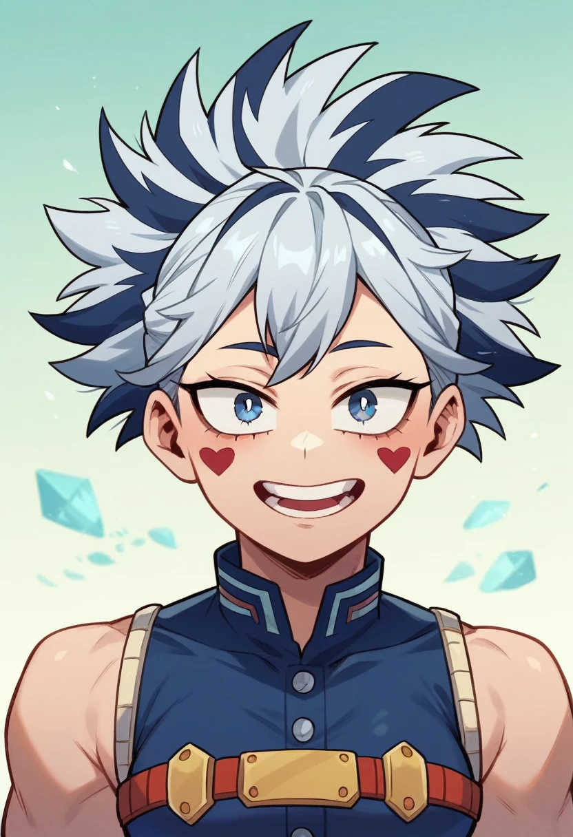 Screenshot of My Hero Academia, a girl with short ice-white hair with a dark blue streak, with sapphire blue eyes and purple spots with a tender and happy look wearing the boku no hero academia style UA