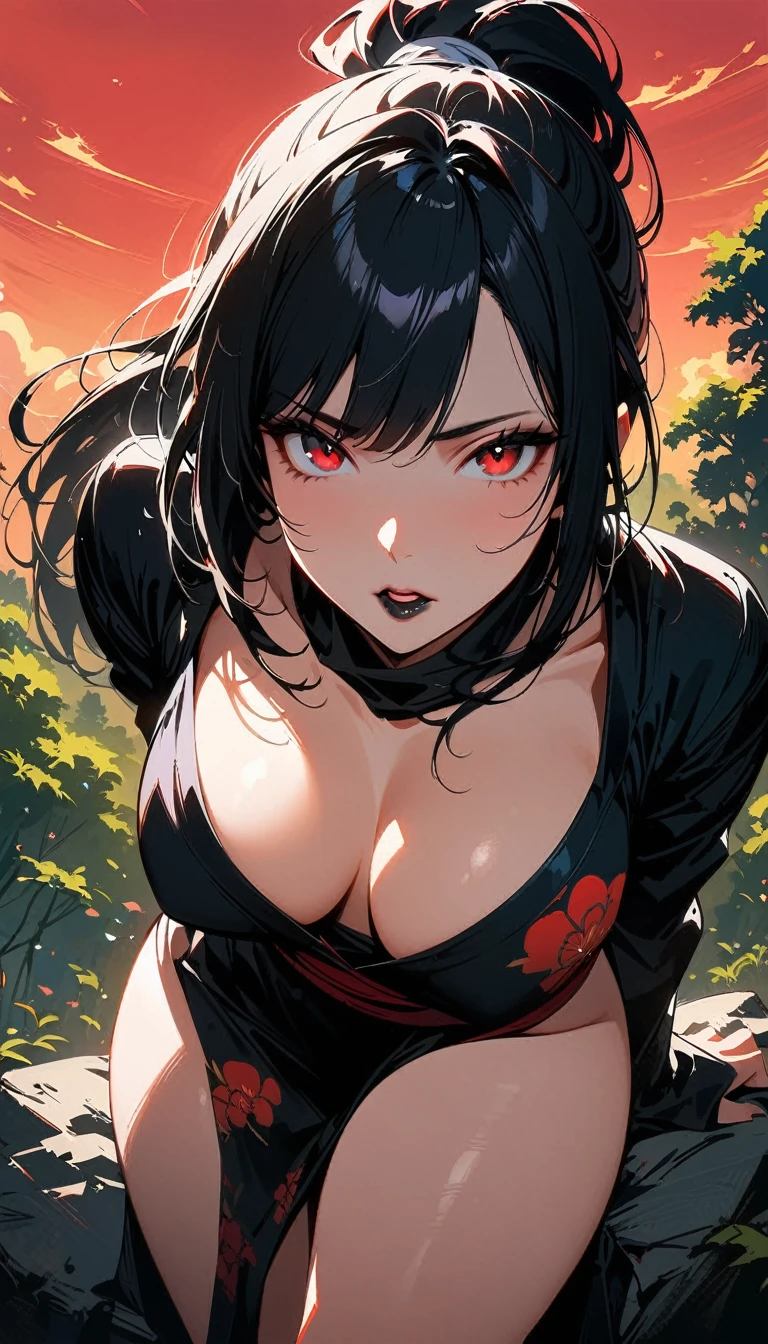 (high quality, 8k, 4K, high contrast, artwork:1.2, high quality, best aesthetics), (dynamic angle), ((1 woman)), erotic, sensual, mature body, super detailed, beautiful face detailed, beautiful eyes detailed, detailed beautiful mouth, sexy body, perfect breats, perfect wide thighs, black hair, short black hair, ponytail hair, red eyes, serious facial expression, women's black ninja kimono with red clouds printed, black lipstick, kunoichi, ninja girl, green forest, sitting on top of a rock, centered, looking at the viewer.