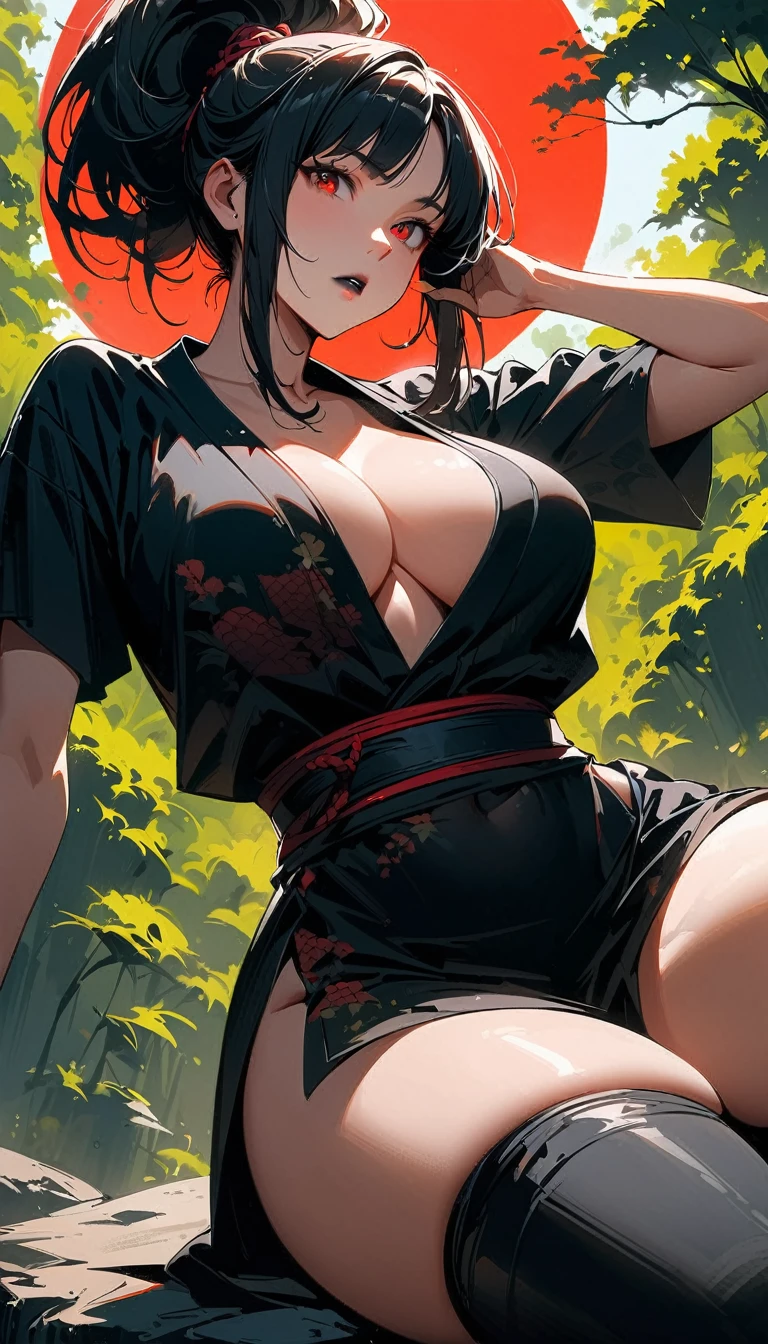 (high quality, 8k, 4K, high contrast, artwork:1.2, high quality, best aesthetics), (dynamic angle), ((1 woman)), erotic, sensual, mature body, super detailed, beautiful face detailed, beautiful eyes detailed, detailed beautiful mouth, sexy body, perfect breats, perfect wide thighs, black hair, short black hair, ponytail hair, red eyes, serious facial expression, women's black ninja kimono with red clouds printed, black lipstick, kunoichi, ninja girl, green forest, sitting on top of a rock, centered, looking at the viewer.