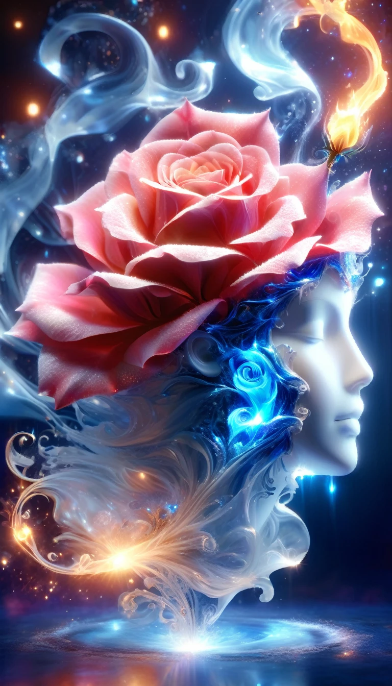 Made by AIS-RCN, 8K Photo, "words, Glass coated, Shiny Blue Flame Rose, It jumps out of the light, Transform your thoughts into delicate works of art.", Supple, Side light,