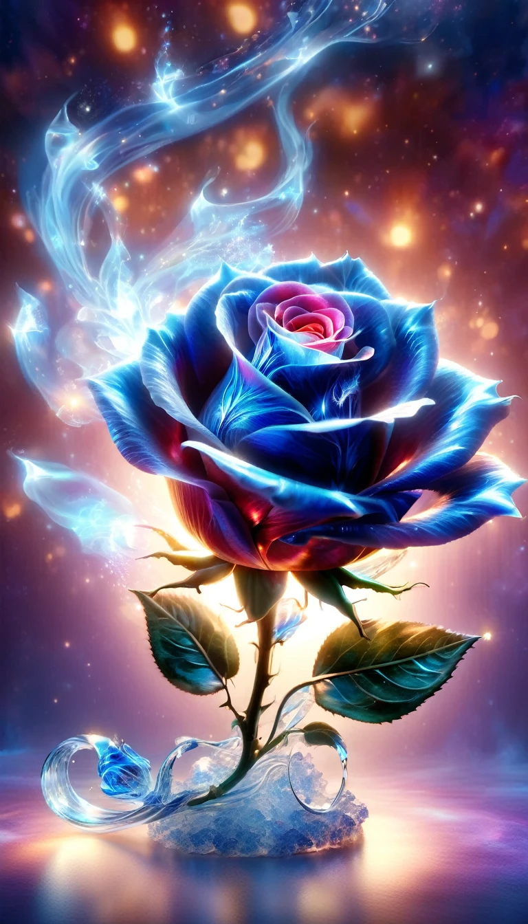 Made by AIS-RCN, 8K Photo, "words, Glass coated, Shiny Blue Flame Rose, It jumps out of the light, Transform your thoughts into delicate works of art.", Supple, Side light,