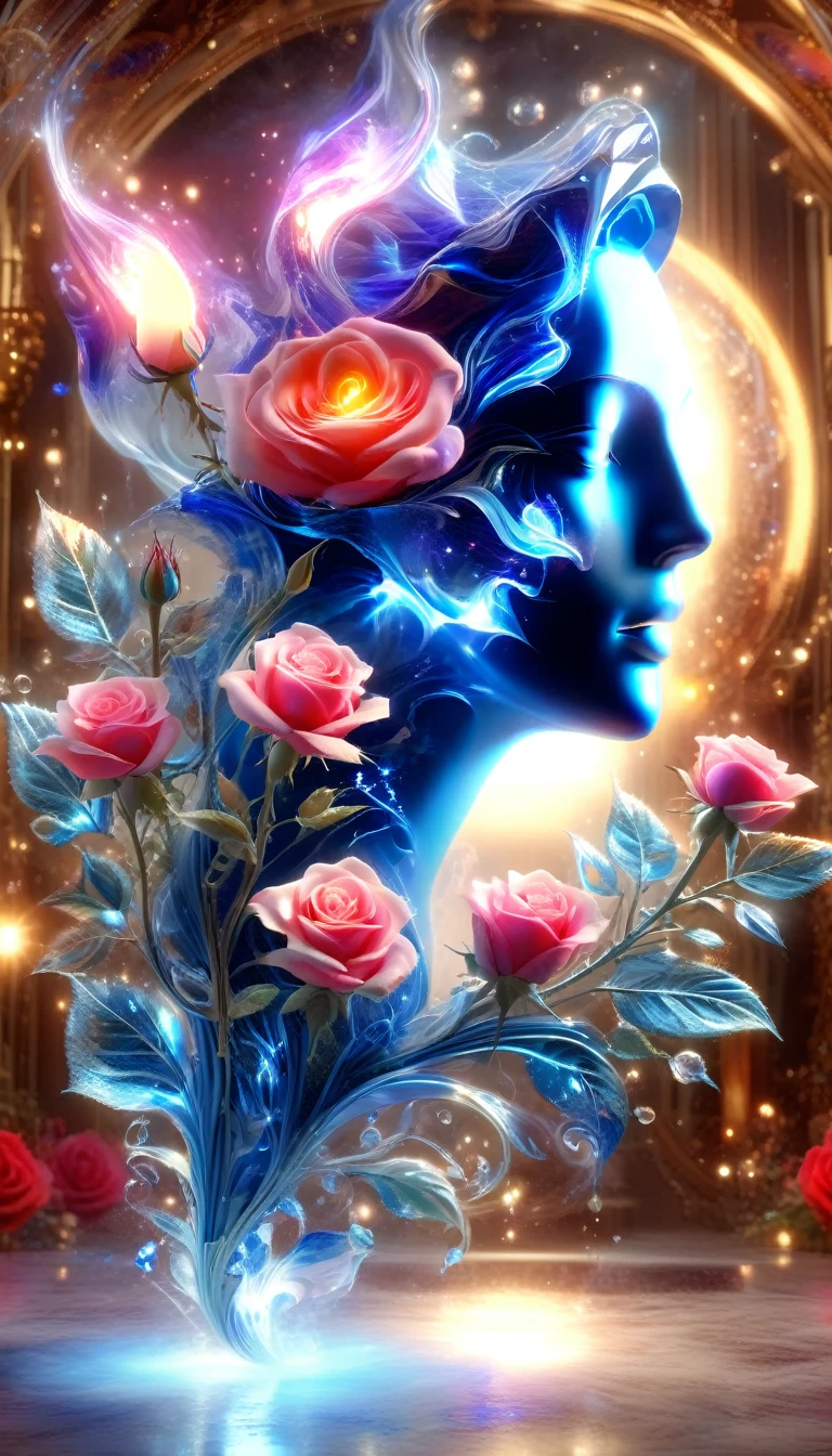 Made by AIS-RCN, 8K Photo, "words, Glass coated, Shiny Blue Flame Rose, It jumps out of the light, Transform your thoughts into delicate works of art.", Supple, Side light,