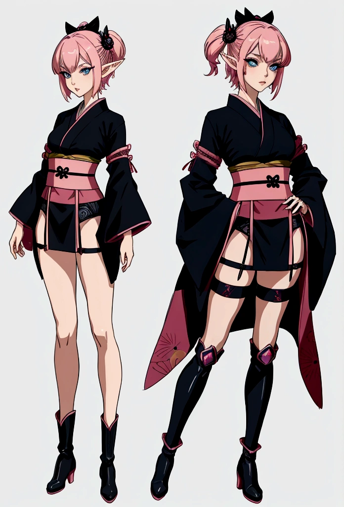 Anime woman character, whole body, Permanently installed, ((design sketches)), (masterpiece),  (Original design), Image of a beautiful elf woman with short pink hair, Wearing antique black japanese kimono &amp;, Toy, Wearing black gloves on each hand, Black stockings and black boots, Dynamic station stereoscopic, warrior, long clothes, blue eyes with pink, Korean