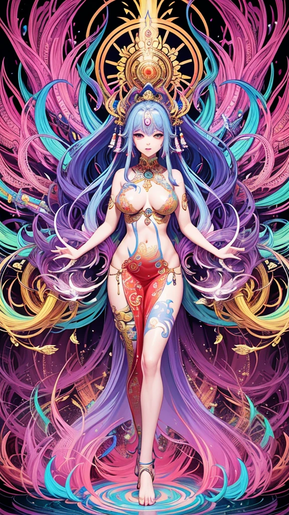 "Create a vibrant, psychedelic art piece featuring a beautiful girl depicted as a Thousand-Armed Avalokiteshvara (Thousand-Armed Kannon). The art should blend elements of pop art, with bold and colorful patterns and striking shapes. The girl should have large, expressive eyes and an ethereal beauty, surrounded by multiple intricately detailed arms. Each arm can be holding various objects or forming different mudras, adding to the intricate detail. The background should be filled with swirling, colorful abstract shapes and patterns typical of psychedelic art, using a rainbow palette to create a sense of depth and motion. The overall image should be vividly colorful, with bright neon hues and contrasting colors that create a dynamic, eye-catching effect."