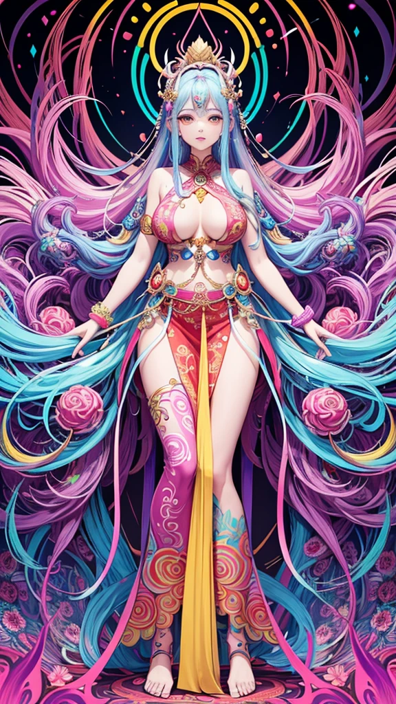 "Create a vibrant, psychedelic art piece featuring a beautiful girl depicted as a Thousand-Armed Avalokiteshvara (Thousand-Armed Kannon). The art should blend elements of pop art, with bold and colorful patterns and striking shapes. The girl should have large, expressive eyes and an ethereal beauty, surrounded by multiple intricately detailed arms. Each arm can be holding various objects or forming different mudras, adding to the intricate detail. The background should be filled with swirling, colorful abstract shapes and patterns typical of psychedelic art, using a rainbow palette to create a sense of depth and motion. The overall image should be vividly colorful, with bright neon hues and contrasting colors that create a dynamic, eye-catching effect."