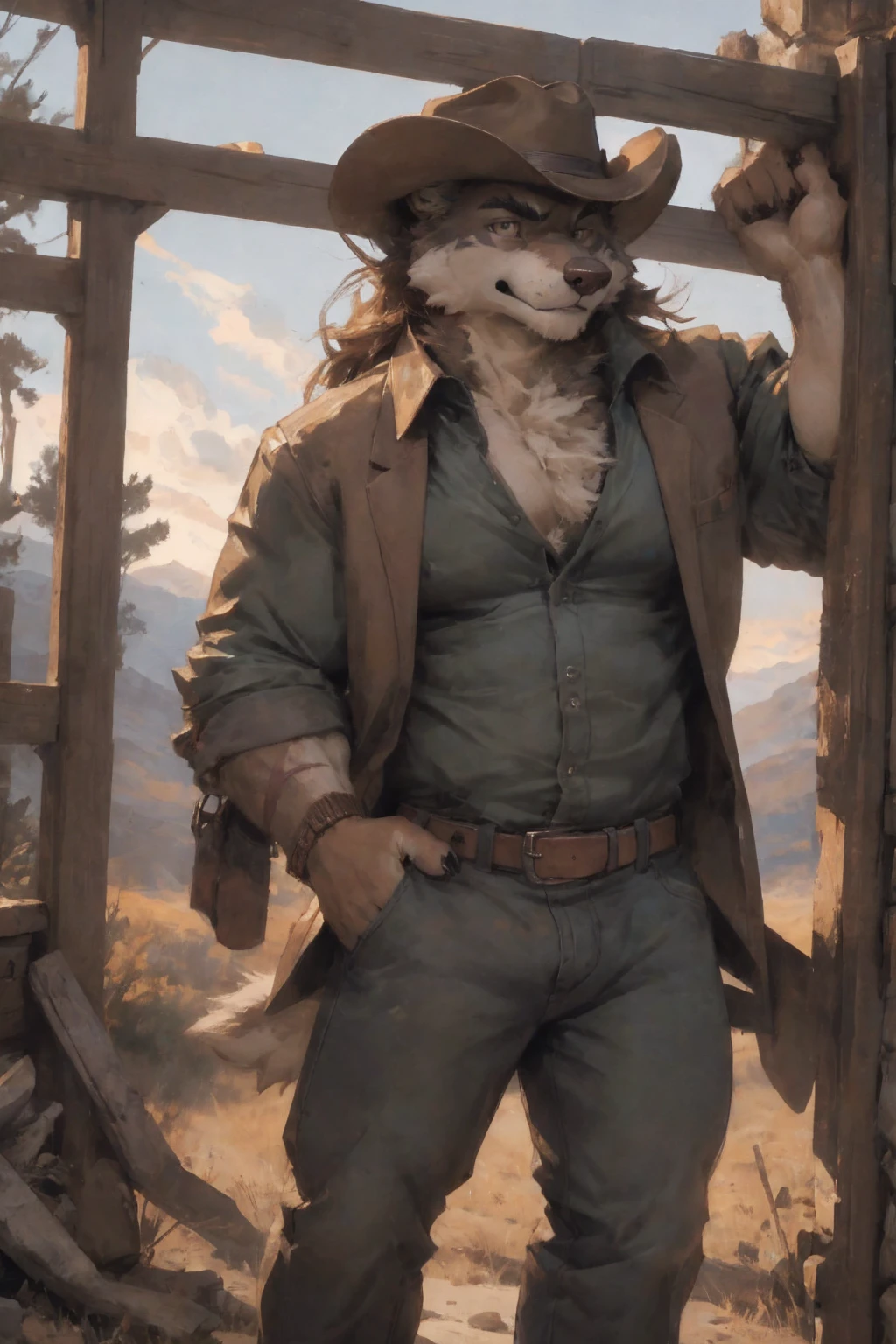 male, solo, anthro, wolf, (Brown_wolf),muscular, hyper_muscles,clothed, bottomwear, pants, , (cowboy), hand on hip,fur, fluffy, tuft, chest tuft, long hair, neck tuft, inner ear fluff, digitigrade,standing, front view, looking at viewer,(detailed background), outside, rock, sunbeam,by kenket, bydarkgem, by miosha,fully clothed, bottomwear, topwear, pants,cowboyclothes , (cowboy), hand on hip,fur, fluffy, tuft, chest tuft, long hair, neck tuft, inner ear fluff, digitigrade, standing, front view, looking at viewer,(detailed background), outside, rock, sunbeam, snowy peaks, sunrise, by kenket, by darkgem, by miosha, detailed_face,Detailed_clothes, detailed_eyes, perfect_eyes, cute, lumberJack_shirt,Detailed_clothes, detailed_eyes, perfect_eyes, cute,Detailed_clothes, detailed_eyes, perfect_eyes, cute,Detailed_clothes, detailed_eyes, perfect_eyes, cute,Detailed_clothes, detailed_eyes, perfect_eyes, cute, cowboy_hat,detailed_eyes, perfect_eyesdetailed_eyes, perfect_eyes, scars_on chest, visible_chest, visible_abs, huge_muscles, big_pecs, angry, serious, grumpy_face,red_eyes