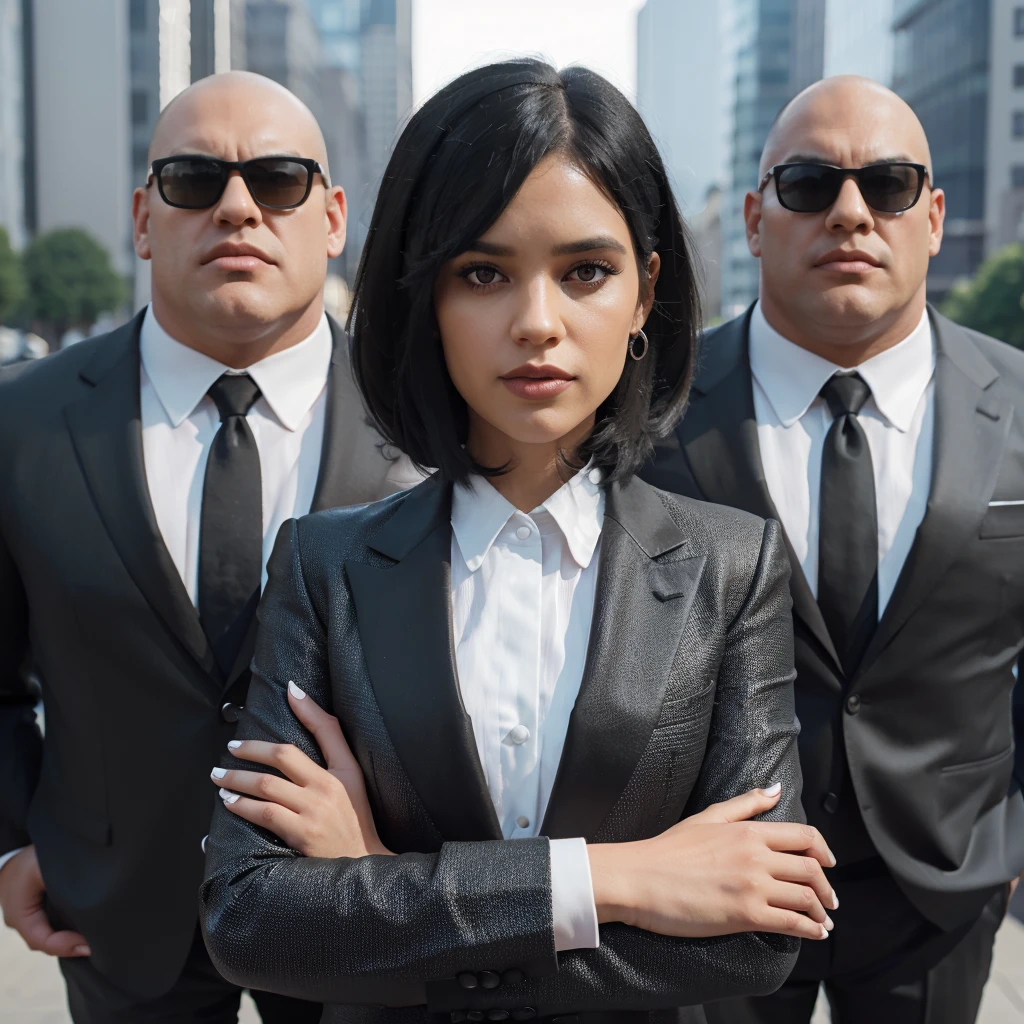 3D photo realistic caricature, a woman with shoulder length black hair, wearing a black and white formal suit, folding her arms, to her left and right there are twin men with big and tall bodies, wearing sunglasses, formal jackets, shaved bald heads. urban background, full bodyshot.