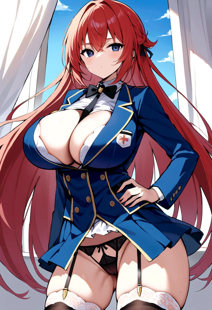 My name is Hikaru, I am a white test doll with long red hair and black eyes. I am 1.60 cm tall and weigh 56 kg. My breast sizes are 300 cm, my waist is 60 cm and my hips are 200 cm. Dressed in a long blue jacket and a garter belt along with a black thong. With big breasts 310 cm . 