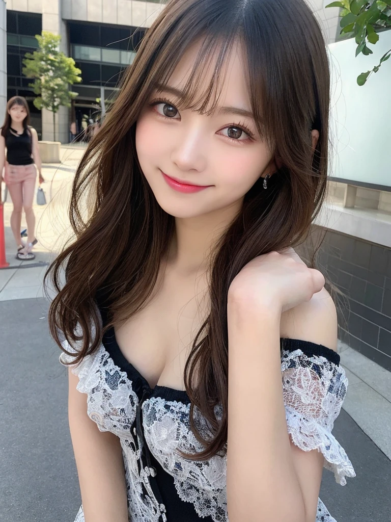 masutepiece, Best Quality, Illustration, Ultra-detailed, finely detail, hight resolution, 8K Wallpaper, Perfect dynamic composition, Beautiful detailed eyes, Women's Fashion Summer,Medium Hair,Small breasts natural color lip, Bold sexy poses,Smile,Harajuku、20 years girl、Cute、Sexy shot looking at camera