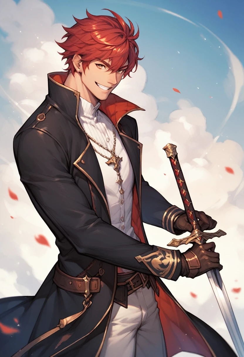 (fantasy_style:1.25), man, red hair, smiling, black coat, sword