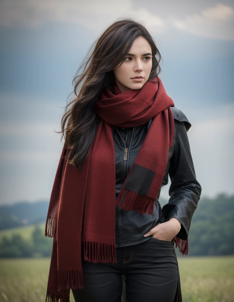 8k, best quality, masterpiece, realistic, ultra detail, photo realistic, Increase quality,
a photo of a girl standing in a field with a scarf, in the style of dark and brooding designer, voluminous mass, photobash, serene faces, jagged edges, dark red, natural beauty, close-up shot