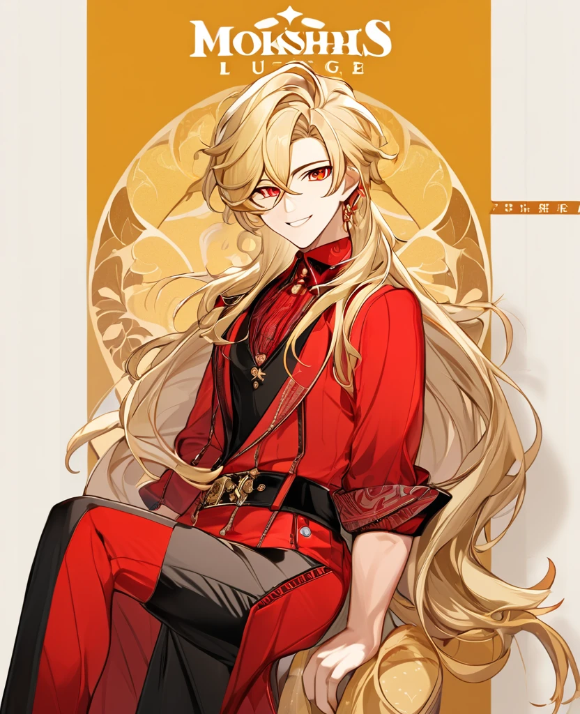  (Blonde_hair),(long_male_hair), (red_vibrant_eyes), (detailed_eyes), (warm_smile), (attractive), (background_lounge), (male), (detailed_Hair), (detailed), wears a 19's outfit