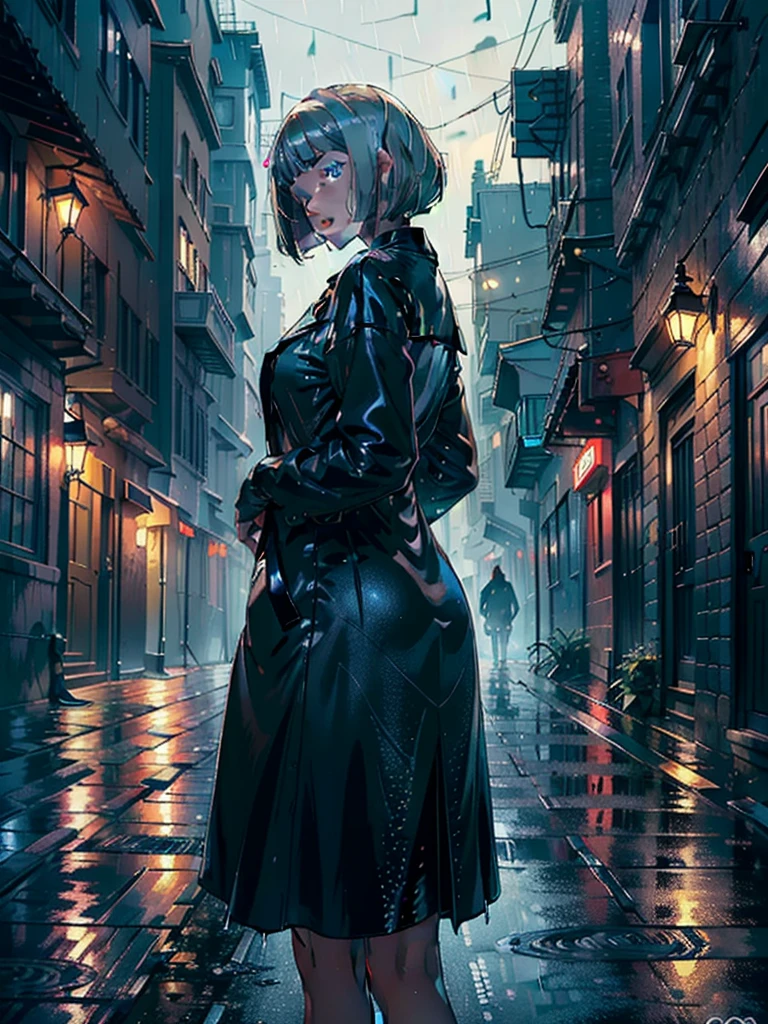 ((masterpiece)), ((best quality)), (ultra-detailed), ((extremely detailed)), 4K, (8K), best quality, a beautiful woman, ((beautiful light gray hair)), shiny hair, ((bob cut)), light blue eyes, freckled skin, 20 years old,
Back view, full body, ((night, warm street, dark)), deserted city, standing in middle of street, ((black rencoat, rain, heavy rain, raindrops visible)), wet ground, hands in pockets
