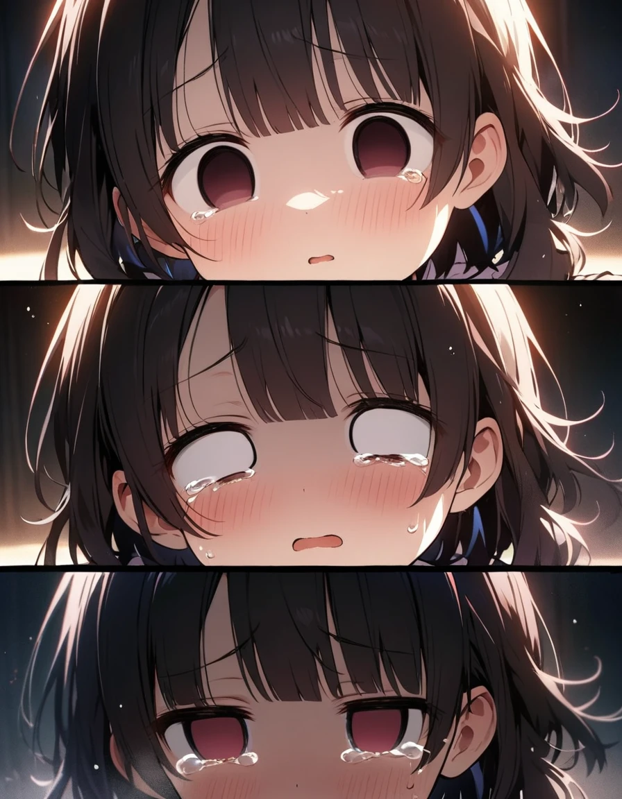 1girl(), Hair touch,twin tail ,black hair,black eyes,(masterpiece, best quality), detailed scenery,looking view,blush,tears,v,heart in eyes,heart,Heart Eyes,pov,white background,16k