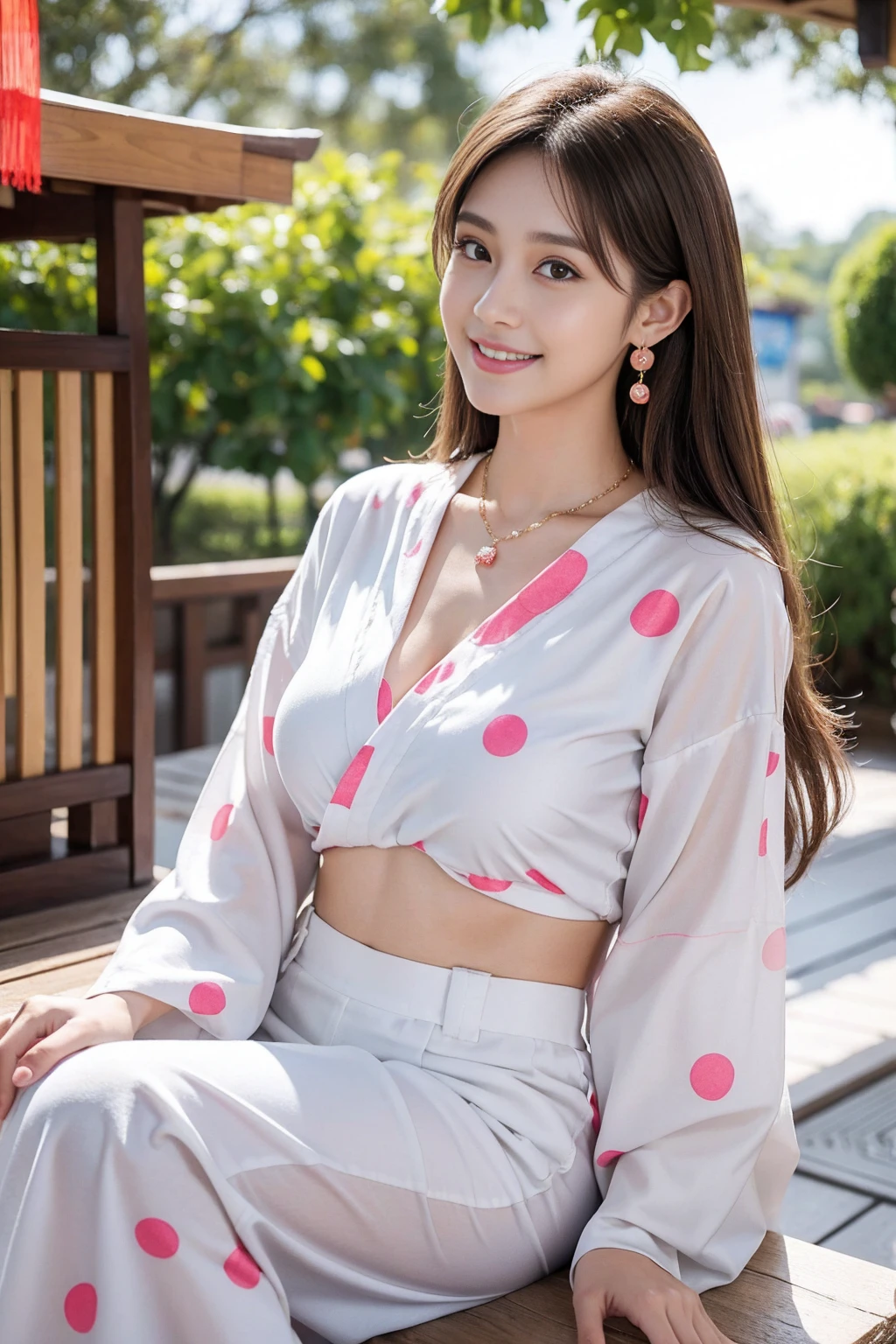 Highest quality,8K, Detailed facial depiction, Detailed description of the eyes,One Woman, Light brown hair(Medium-long hair),Beautiful Japanese Girl,24-years-old,Cute eyes,Cute Smile,Yukata beauty,A yukata with large polka dots on a white background,Slender body, Large, plump breast size, Long and beautiful legs,Smiling, Colorful earrings,necklace,Are standing,Beautiful nape,Summer festival,There are food stalls