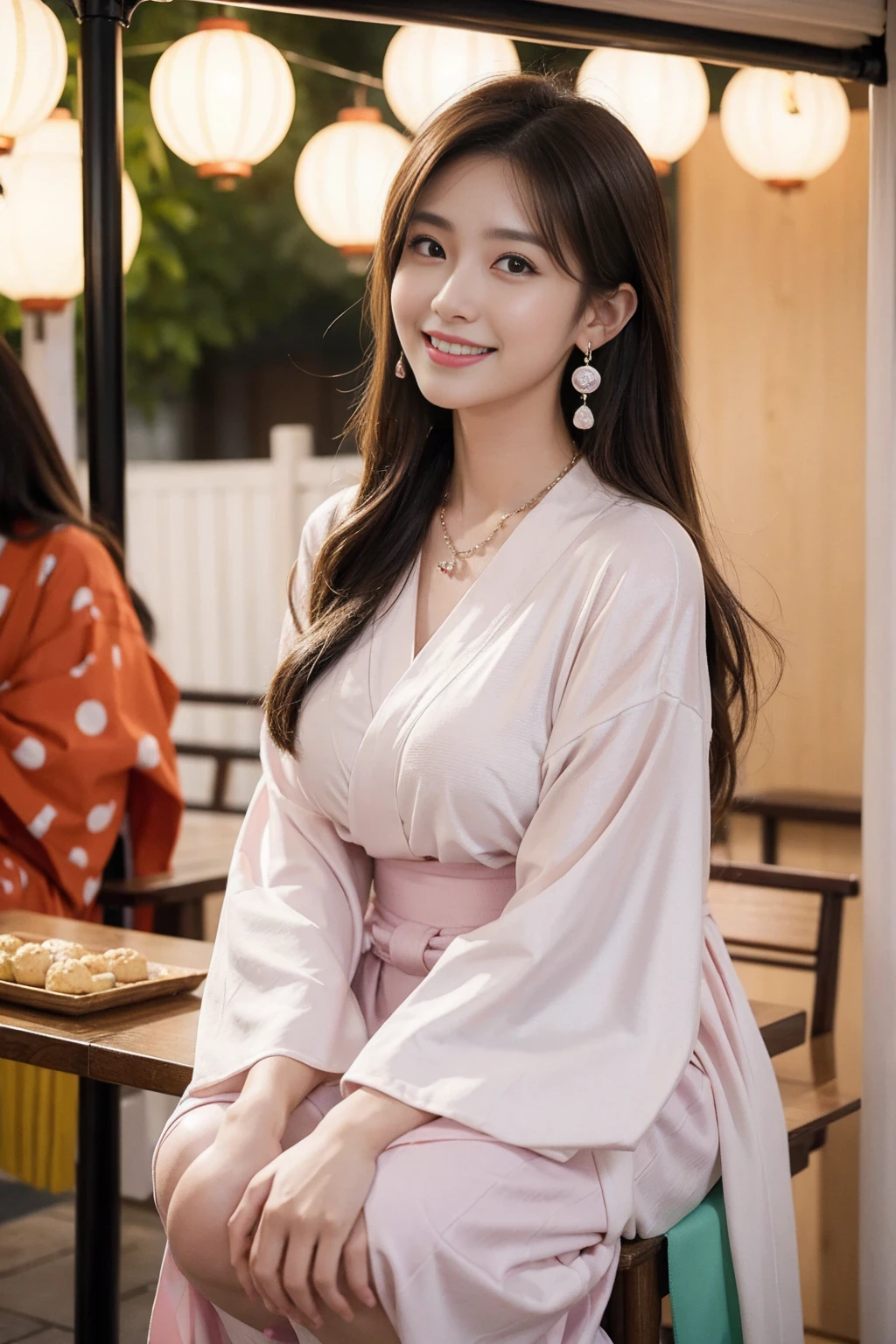 Highest quality,8K, Detailed facial depiction, Detailed description of the eyes,One Woman, Light brown hair(Medium-long hair),Beautiful Japanese Girl,24-years-old,Cute eyes,Cute Smile,Yukata beauty,A yukata with large polka dots on a white background,Slender body, Large, plump breast size, Long and beautiful legs,Smiling, Colorful earrings,necklace,Are standing,Beautiful nape,Summer festival,There are food stalls