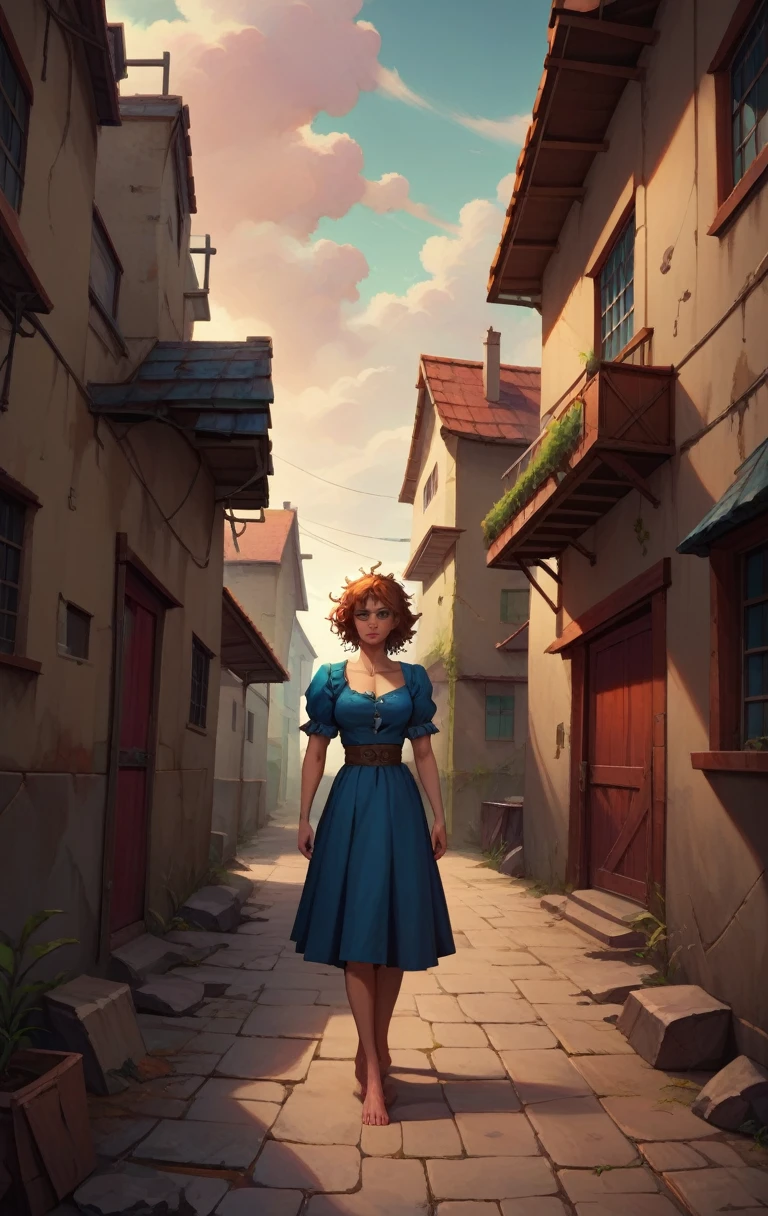 a poor woman, ragged and worn clothes, tattered dress, sad expression, messy hair, dirty face, thin and frail body, barefoot, standing in a desolate alley, abandoned buildings in the background, overcast sky, desaturated color palette, dramatic lighting, cinematic composition, detailed textures, 4k, ultra-detailed, photorealistic, masterpiece