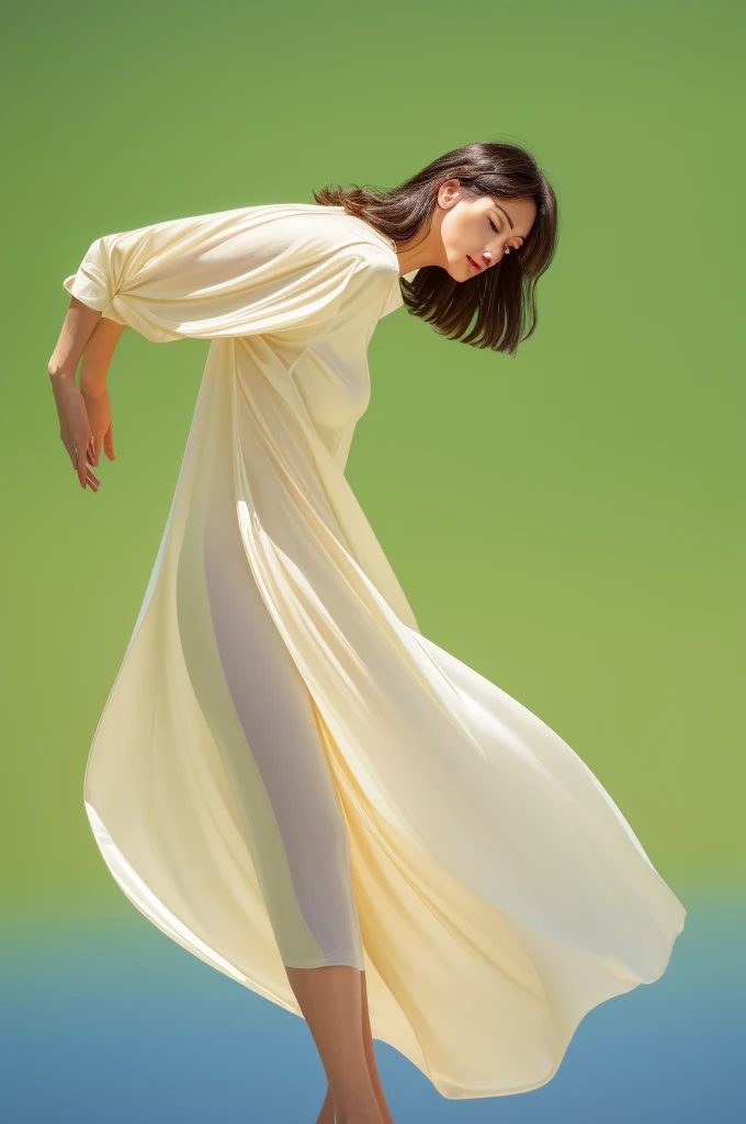 Please, show me the biggest longest and saggiest in white morning silk shirt leaning forward