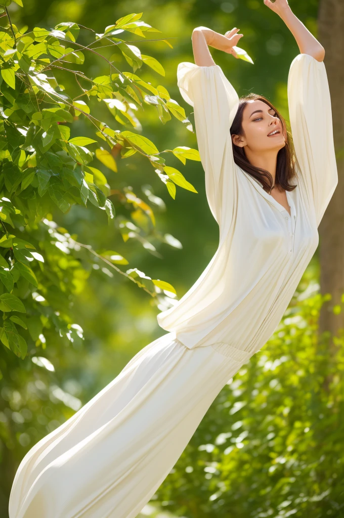 Please, show me the biggest longest and saggiest in white morning silk shirt leaning forward