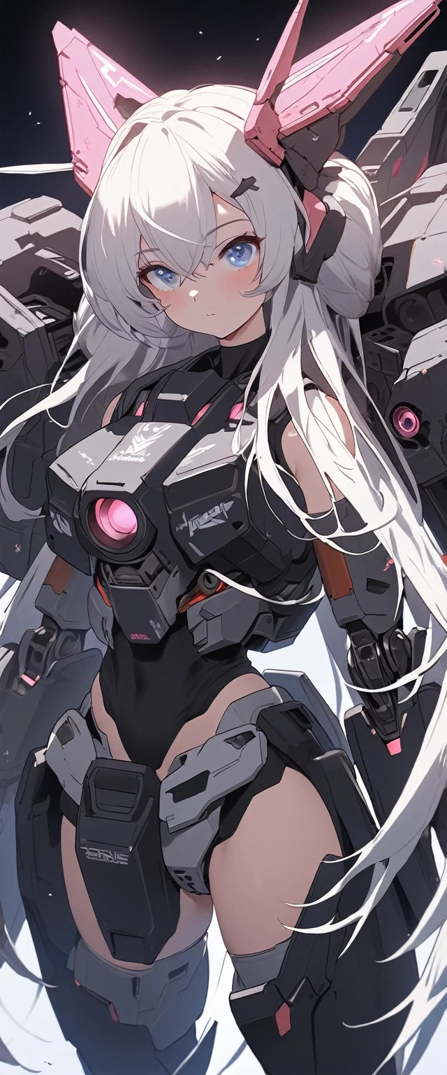 (((masterpiece))), 1girl, solo, white hair, long hair, Blue eyes, science fiction, ((Solo)), (mecha musume:1.5), (giant girl), mechanical parts, headgear, ((mechanical Black Armor)), (((neon light Blue))), Anime style