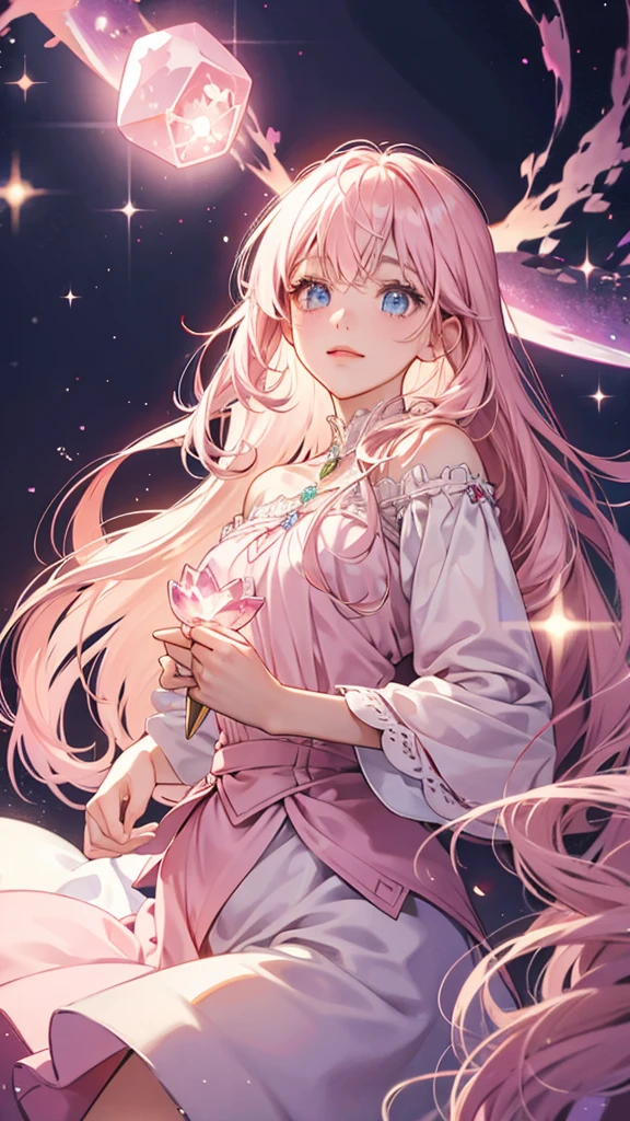 Light pink，gem，magic, Shining eyes，Long hair