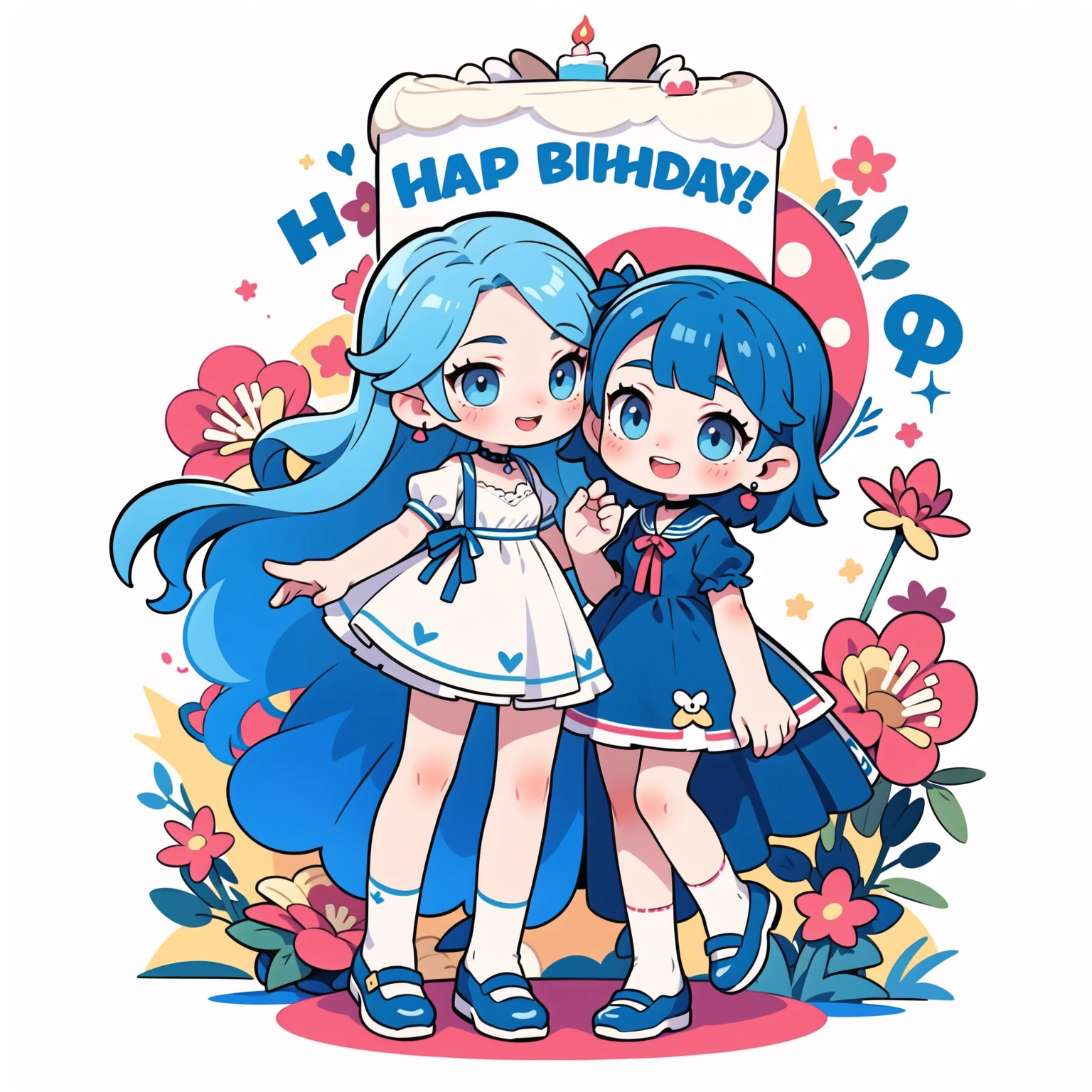 First place girl, best quality, masterpiece, Ultra-high resolution, 8K, (skirt,Small leather shoes) , soft line art, Digital enhancement, Girl comic style, Girls comics core,, soft drawing, ((Beautiful long blue hair,Clear eyes)), (Bangs)), ((dress)),(cute),(Laughing happily)(Birthday cake in hand),(Ribbon background),Ultra-detailed digital animation art, The face is clearly depicted, Clear facial features, Comic style, Top quality colors, You can see the angle of the feet, Pretty and beautiful: 1.5, high quality:1.3