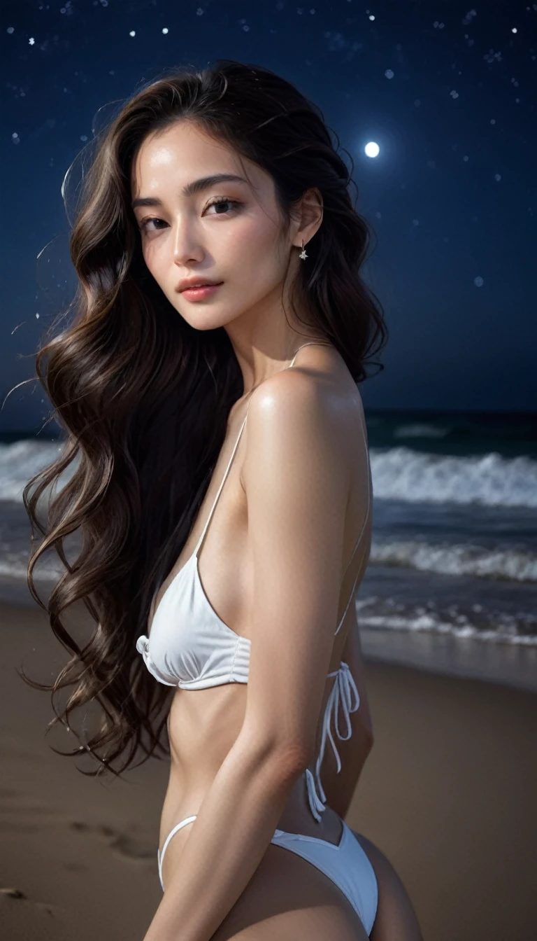 8K, masterpiece, RAW Photos, Highest quality, Realistic, Very detailed, Depth of written boundary, Cinematic Light, Anatomically correct body,
An elegant and beautiful mature woman,
Wavy black long hair, Very beautiful face, Exquisitely detailed face, Goddess-like deity々Beautiful, Glamorous Body,
Very sensitive skin, Transparent white skin, Beautiful and bountiful breasts, Sexy ass, Sexy thighs,
White bikini swimsuit, Detailed cloth texture, Gorgeous necklace, Gorgeous earrings,
Starry sky background, Dark sandy beach at night, Pitch black sea surface,
Beautiful back view,