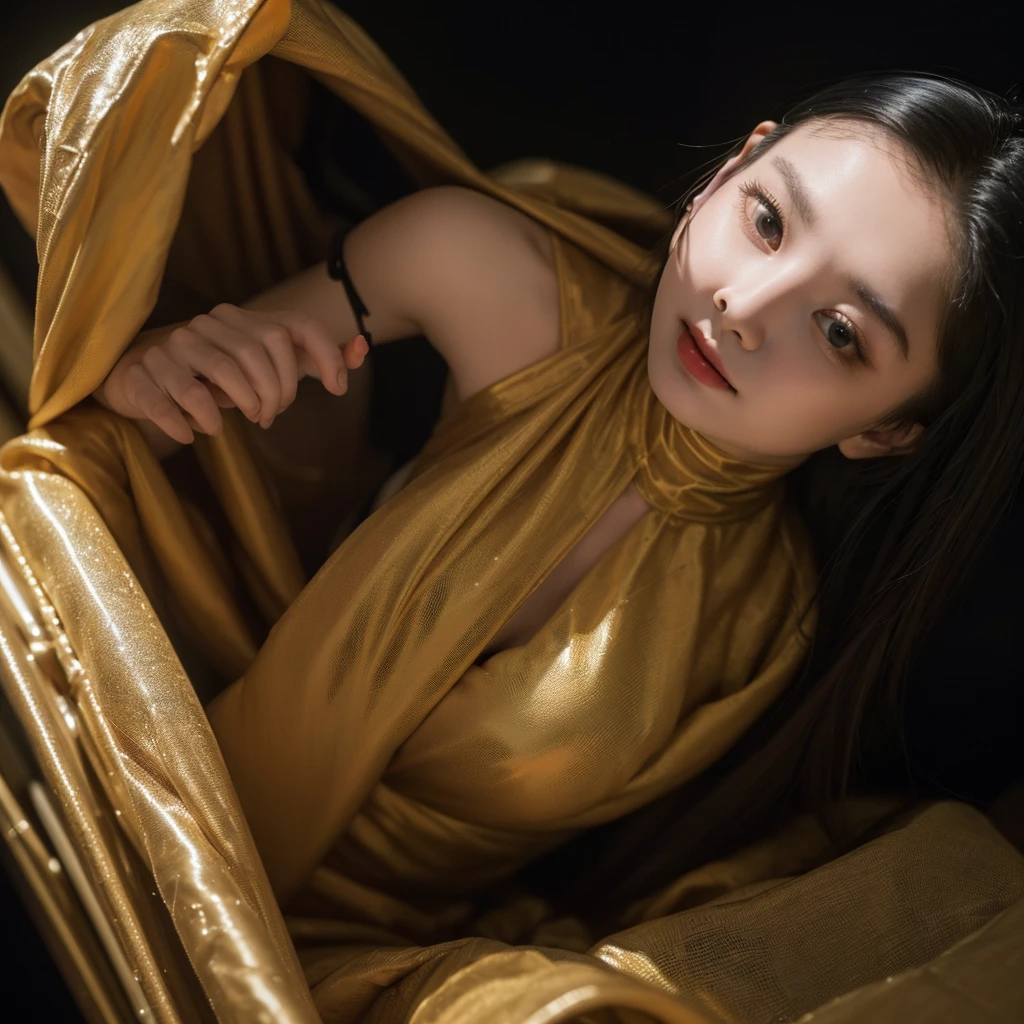 ing from the ceiling, dim lighting, dark atmosphere, oil painting style, vibrant colors, intense emotion. (best quality, highres, ultra-detailed, realistic:1.2), spiderweb, trapped, delicate facial features, fear in her eyes. half body visible,(gagged:1.4),