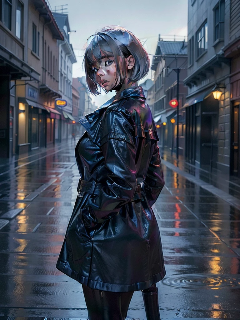 ((masterpiece)), ((best quality)), (ultra-detailed), ((extremely detailed)), 4K, (8K), best quality, a beautiful woman, ((beautiful light gray hair)), shiny hair, ((bob cut)), light blue eyes, freckled skin, 20 years old,
Back view, full body, ((night, warm street, dark)), deserted city, standing in middle of street, ((black rencoat, rain, heavy rain, raindrops visible)), wet ground, hands in pockets
