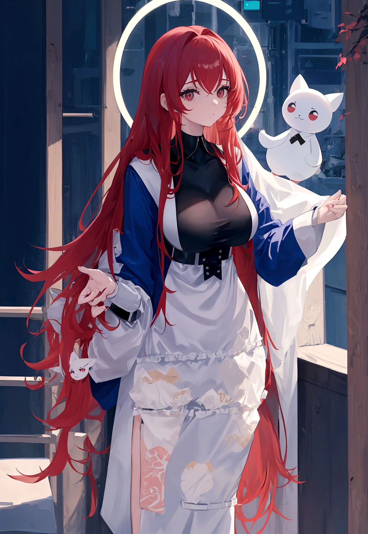 My name is Hikaru, I am a white test doll with long red hair and black eyes. I am 1.60 cm tall and weigh 56 kg. My breast sizes are 300 cm, my waist is 60 cm and my hips are 200 cm. Dressed in a long blue jacket and a garter belt along with a black thong. With big breasts 310 cm .