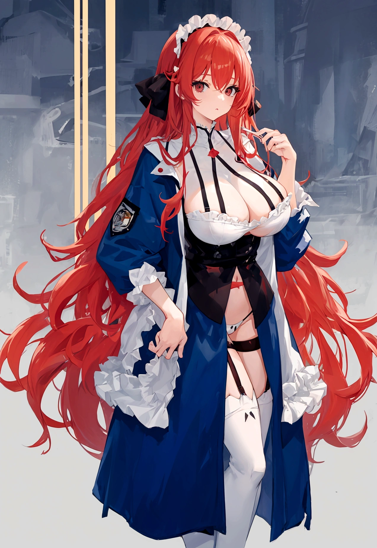 My name is Hikaru, I am a white test doll with long red hair and black eyes. I am 1.60 cm tall and weigh 56 kg. My breast sizes are 300 cm, my waist is 60 cm and my hips are 200 cm. Dressed in a long blue jacket and a garter belt along with a black thong. With big breasts 310 cm . 