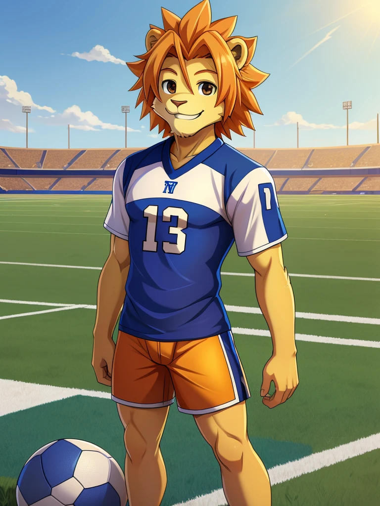 (masterpiece, 4K, ultra detailed), a lion furry, masculine, yellow fur, short orange hair, cartoony, smooth lining, blue football dress, white shorts, football field, outside, noon, athletic, slim, brown anime eyes, smile, anime