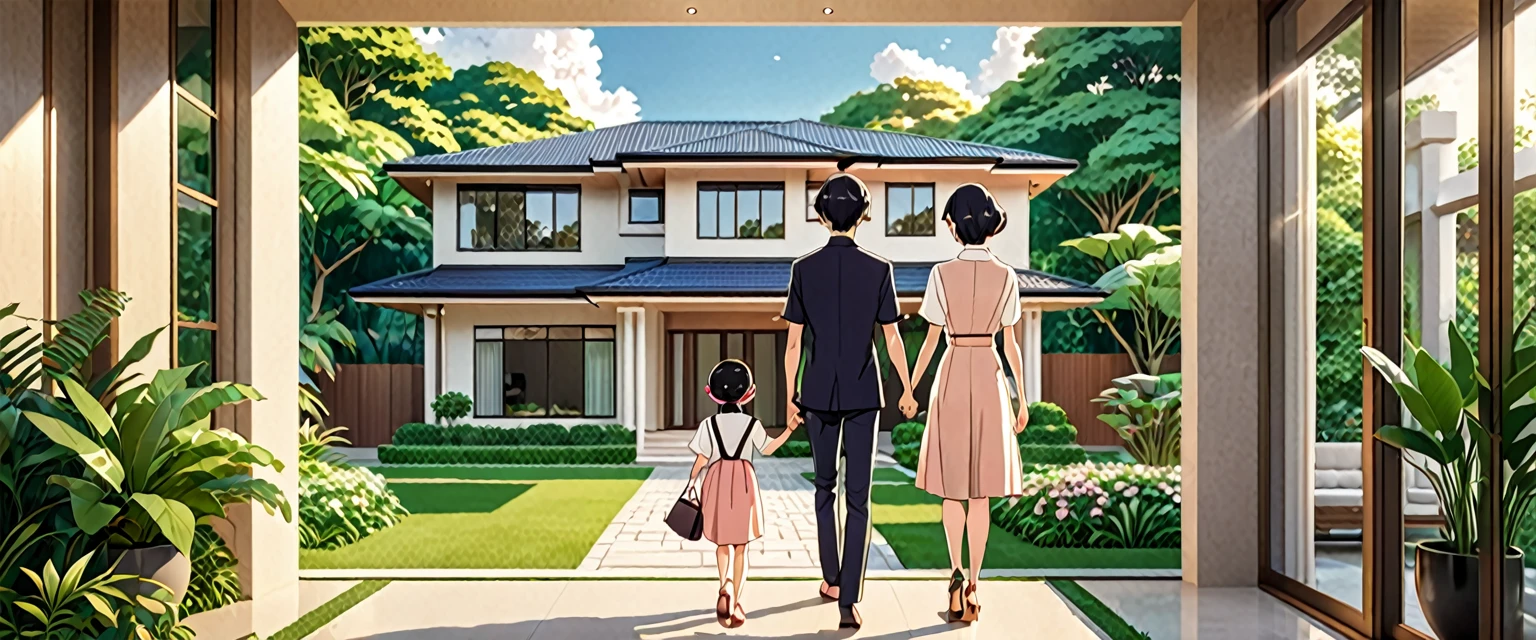 A beautiful illustration in anime style featuring a wealthy holding his old mom's hand, proudly showing her their luxurious, modern home. The home is elegant and sophisticated, seamlessly blending with the surrounding lush greenery. The scene exudes a warm, aesthetic vibe, with soft, inviting colors and gentle lines, capturing the love and pride in the young man's eyes as he presents their stunning residence to his mother. The house features sleek architecture, large windows, and stylish design elements, ensuring a contemporary and luxurious feel. The overall atmosphere is serene and enchanting, evoking a sense of beauty, tranquility, and modern opulence.
