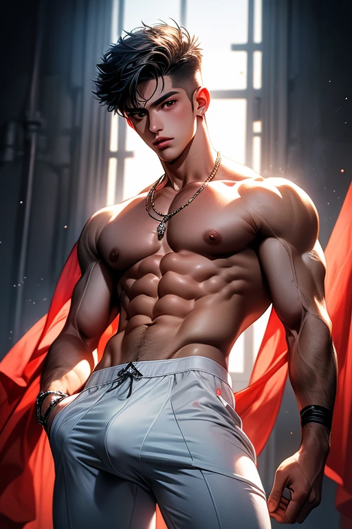 (absurderes, A high resolution, Ultra detailed, hdr), Masterpiece, Best quality, Portrait of a boy, Handsome boy with red eyes, Detailed face, Professional photo, The Alafed man is shirtless, Fight comfortably，legs are open, (puffynipple(From below:1.1)), Focus on your audience,18 year old boy, Handsome boy, [ Firmly defined body ]，Shirtless，The body is wrapped in a white bandage，Abs，chest muscle，short white pants，large bulge，white shoe，