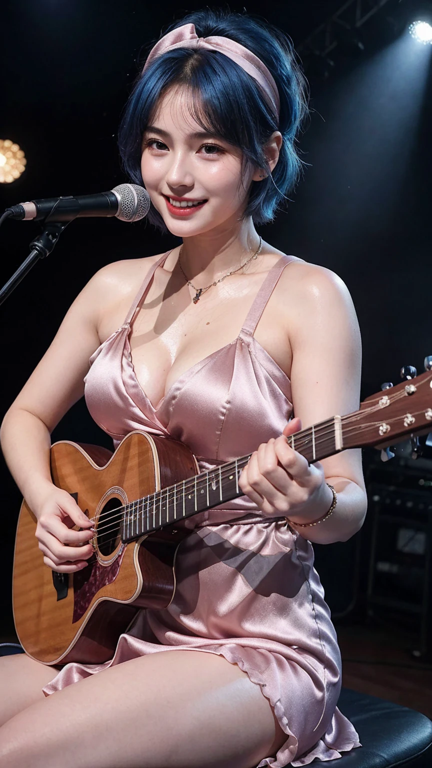 ((best quality)), photorealistic, photorealism, Photorealistic, high resolution, ((Wearing pink satin dress, headband))、smile、A superb beauty、Super cute、adorable、ennui、Rare beauty、Very Short hair、Black Dark Eyeshadow、Sad、white skin、pale skin, Very short hair layered、Dark Gothic Makeup、Cute Smile、Fragrant beauty、Garden background、Mastepiece、Best Quality、Refers to 5 books、Sweat glistening on my chest、Sweat glistening on my face、Medium breasts、Blue hair、Age 20 years old、Mysterious look、A sad expression、Blue Hair、Glamorous concert stage、enchanting castle、Sweating profusely all over the body、A lot of sweat and light on the thighs、Shiny thighs、Plenty of sweat glistening on the thighs、A large amount of sweat glistens on my thighs、Sweating profusely、Gal、Medium breasts、Beautiful face、Alluring expression、Sitting、Sitting playing guitar、Thick thighs、Playing guitar、I have a guitar、Sing a song enthusiastically、Playing guitar in a band、Rock band、Playing guitar chords、Live House Background、Sing a song、Open your mouth、Live house scenery、Mic stand、Glamorous live stage、Dynamic Angle、Cinematic lighting
